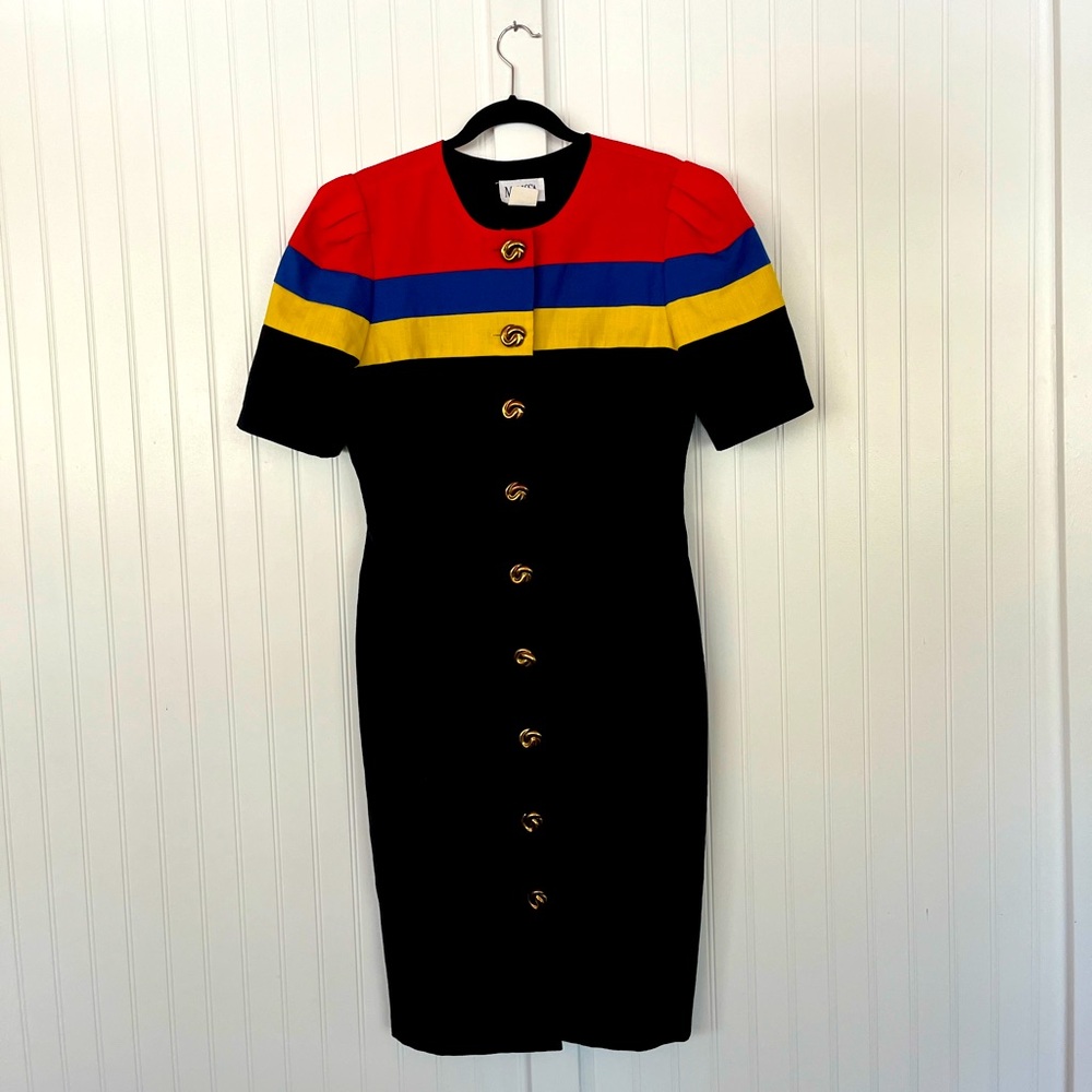 Vintage 80s Primary Colors Dress Stripes Colorblock Stripes Structured Shoulders